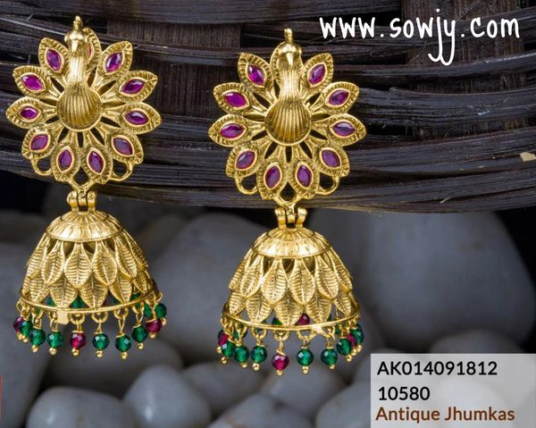 Peacock Antique Golden Jhumkas with Red and Green Stones !!!!!