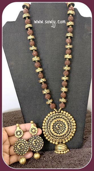 Lovely OM Sunflower Terracotta Pendant with Matching Earrings in Rudraksh and Golden DEsigner Clay Beads!!!!