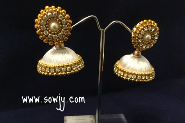 Silk Thread Jhumkas in White - Size-Medium!!!!