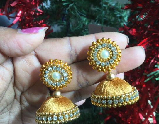 Silk Thread Jhumkas- Golden Color- Medium Size