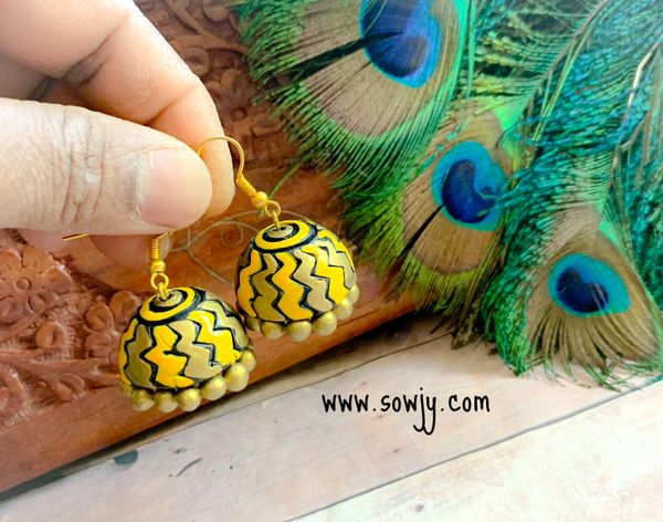 Yellow Shaded Zig Zag Design Hanging Medium Size Jhumkas!!!