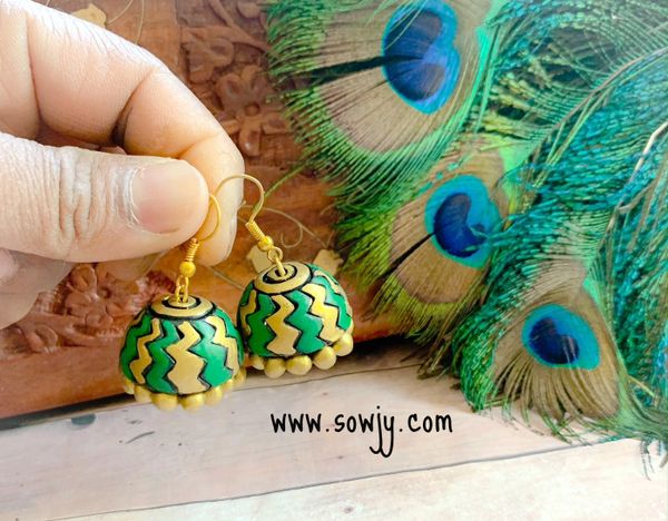 Green Shaded Zig Zag Design Hanging Medium Size Jhumkas!!!