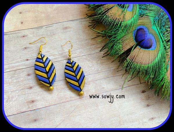 Leaf Shaped Daily Wear Terracotta Earrings- Dark Blue and Gold!!!