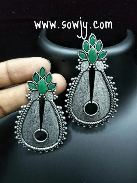 Trendy Long Oxidised Floral Studs-GREEN STones!!!