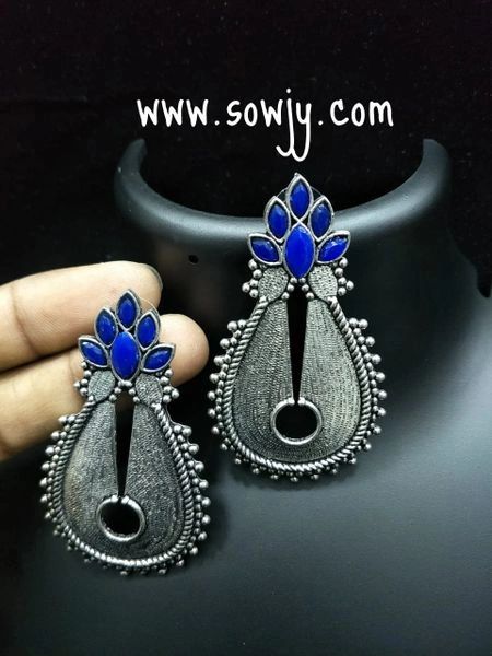 Trendy Long Oxidised Floral Studs-BLUE STones!!