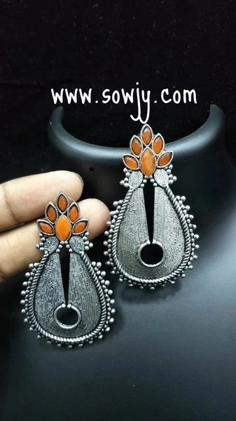 Trendy Long Oxidised Floral Studs-Orange STones!!!