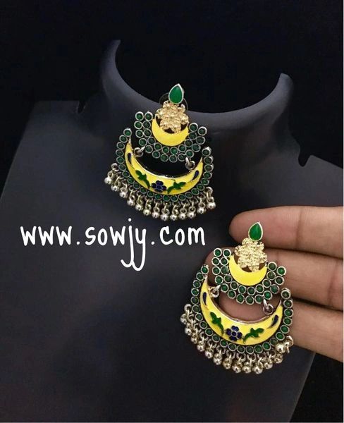 Oxidised Large Sized Bali Earrings with yellow and Green Enamel Shades!!