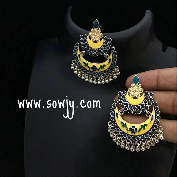 Oxidised Large Sized Bali Earrings with Yellow and Blue Enamel Shades!!