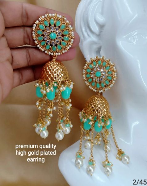 Big Studded Gold Finish Long Turquoise Green XL Size Jhumkas!!!