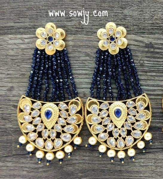 Very Long XL Size Floral Earrings- Navy Blue and Gold!!!!