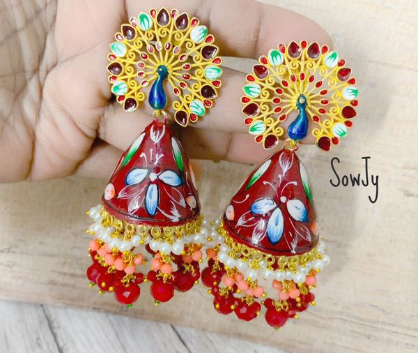 Very Big Meenakari HandPainted Long Peacock Studded Jhumkas- Deep Red Color!!!