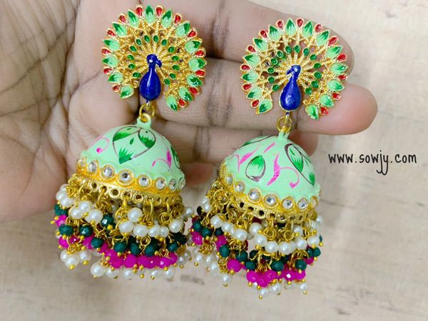 Lovely Peacock Jhumkas-Large Size in Mint Green.