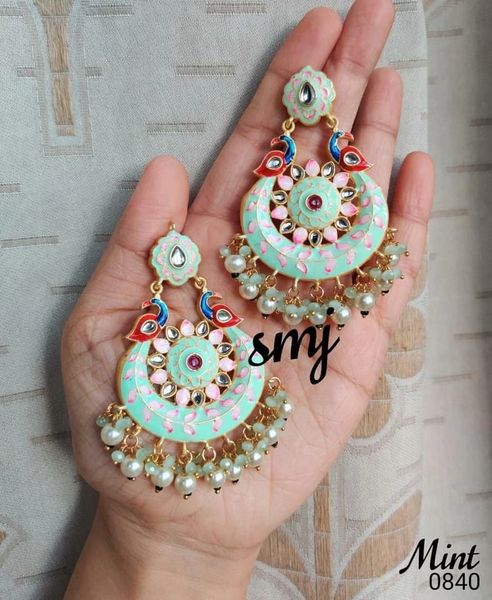 Lovely XL Size Peacock Meenakari Earrings- Mint Green and Light Pink Shade!!!