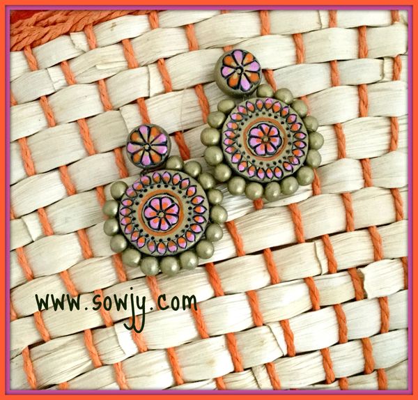 Antique Gold Terracotta Grand Earrings In Pink and Orange!!!!