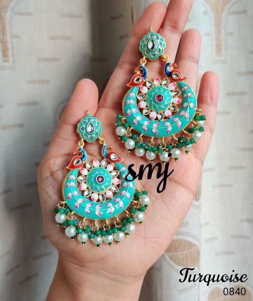 Lovely XL Size Peacock Meenakari Earrings- Turquoise Blue Shade!!!