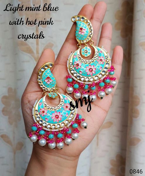 Lovely Leaf Shaped Studded Designer XL Size Long Earrings- Turquoise Blue, Pink and Pearl Combo!!!