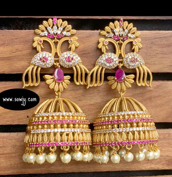 Very Grand XL Size Designer Peacock Floral Long Jhumkas- Ruby and White AD Stones!!!