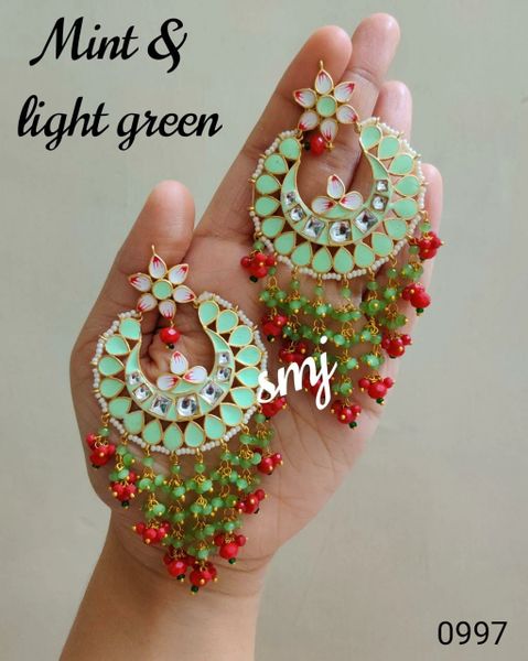 Beautiful Big Size Light Weighted Chaandbali Earrings- Mint and light Green with Red Ghungroos!!!