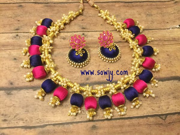 Handmade Silk Thread Choker Necklace In Blue and Pink with Silk Thread Jhumkas!!!!