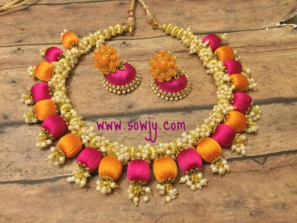 Handmade Silk Thread Choker Necklace In Orange and Pink with Silk Thread Jhumkas!!!!