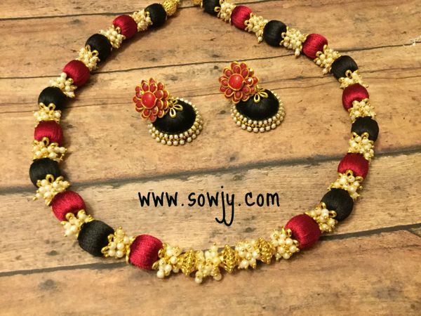 Silk Thread Choker Necklace In Black and red with Silk Thread Jhumkas!!!!
