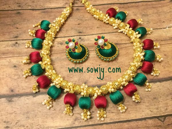 Silk Thread Choker Necklace In Red and Green with Silk Thread Jhumkas!!!!