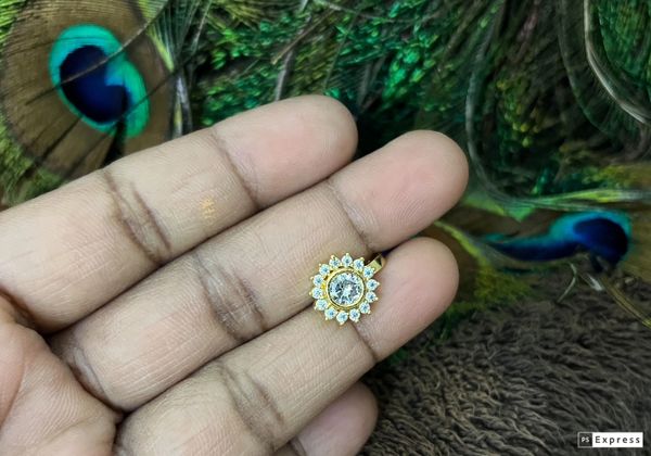 White AD Stone Sunflower Designer Big Size Gold Finish Nose Pin- Press Type!!!