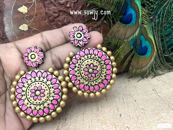 Lovely Grand Big Size Floral Designer Terracotta Earrings- Pink!!!!