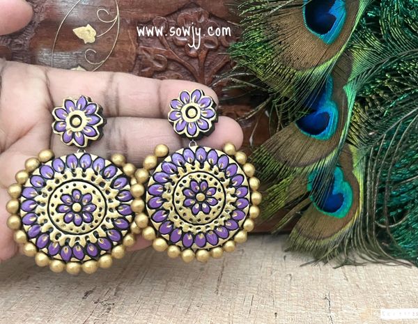 Lovely Grand Big Size Floral Designer Terracotta Earrings- Purple!!!!