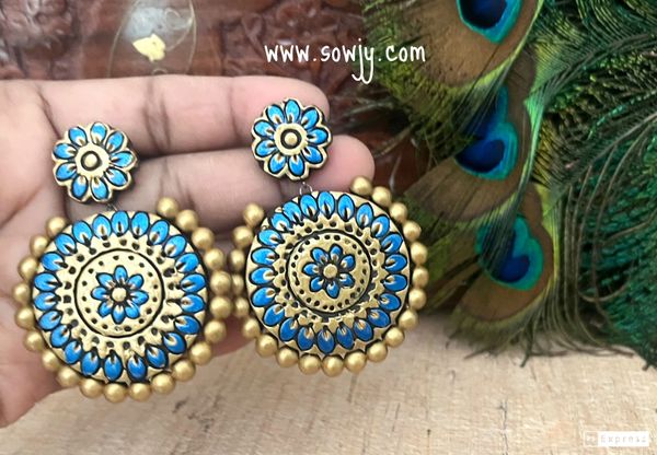 Lovely Grand Big Size Floral Designer Terracotta Earrings- Dark Metallic Blue!!!!