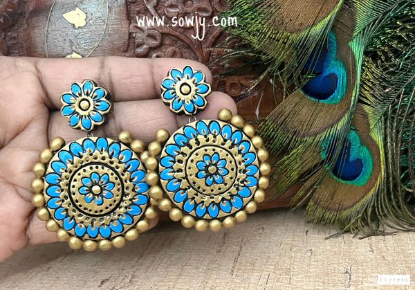 Lovely Grand Big Size Floral Designer Terracotta Earrings- Light Blue!!!!