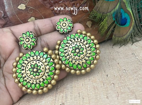 Lovely Grand Big Size Floral Designer Terracotta Earrings- Parrot Green!!!!