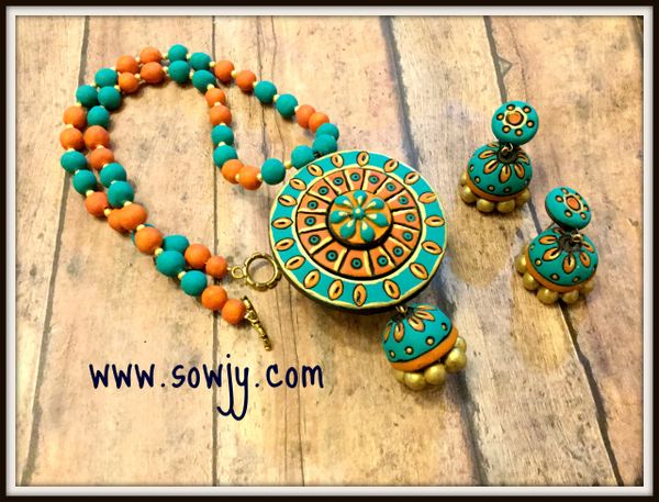 Handmade Floral Chakra Terracotta Set in Green and Orage Shades with Jhumkas!!!