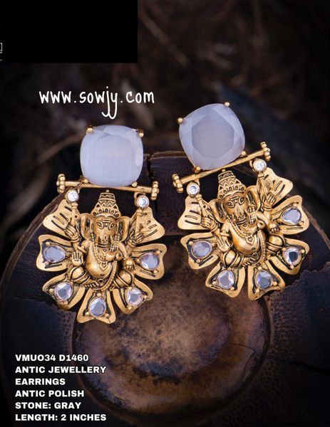 Beautiful Antique Gold Ganesha Big Earrings with Greay Big STone!!!