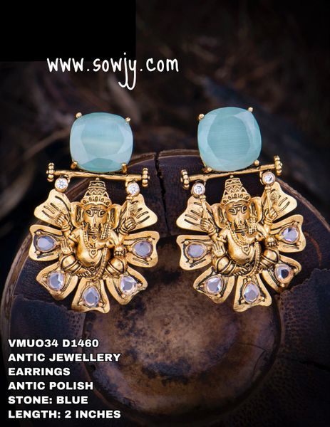 Beautiful Antique Gold Ganesha Big Earrings with Light Blue Big STone!!!