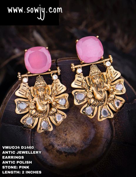 Beautiful Antique Gold Ganesha Big Earrings with Light Pink Big STone!!!