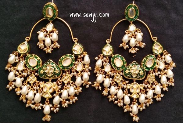 Very Grand Double XL Size Kundan Stone Meena Work Earrings-Pearl White and Green!!!