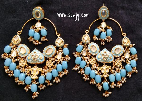 Very Grand Double XL Size Kundan Stone Meena Work Earrings- Light BLUE!!!