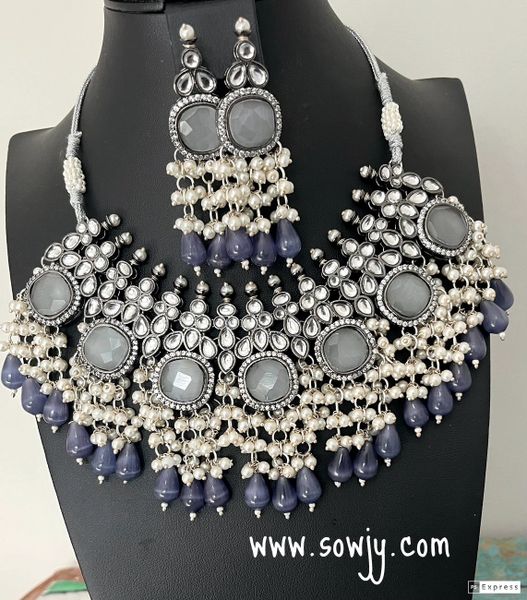 Very Grand And Heavy Victorian Finish Kundan Choker Set with Earrings-Grey and Purpleish Grey Monalisa Hanging Beads!!!