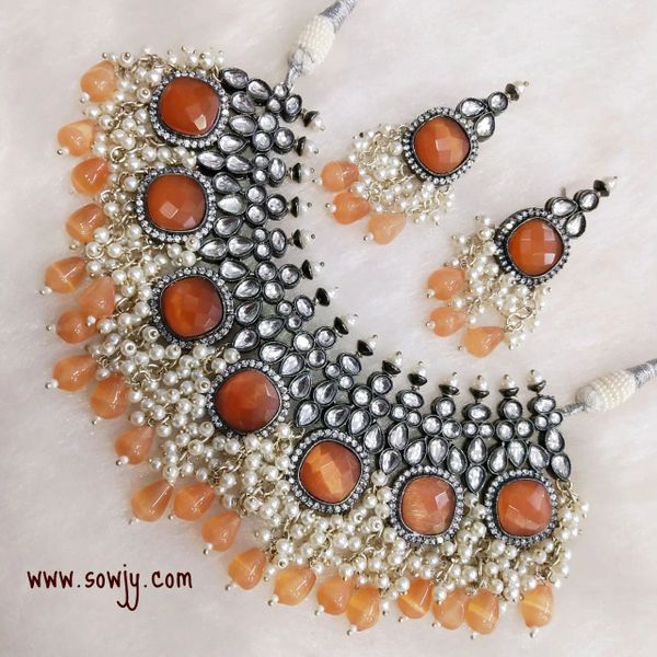 Very Grand And Heavy Victorian Finish Kundan Choker Set with Earrings-Orange and Orange Monalisa Hanging Beads!!!