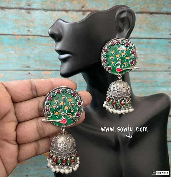 Silver Look Alike Big Studded Peacock Long Jhumkas-Red and Green Hanging Beads!!!!