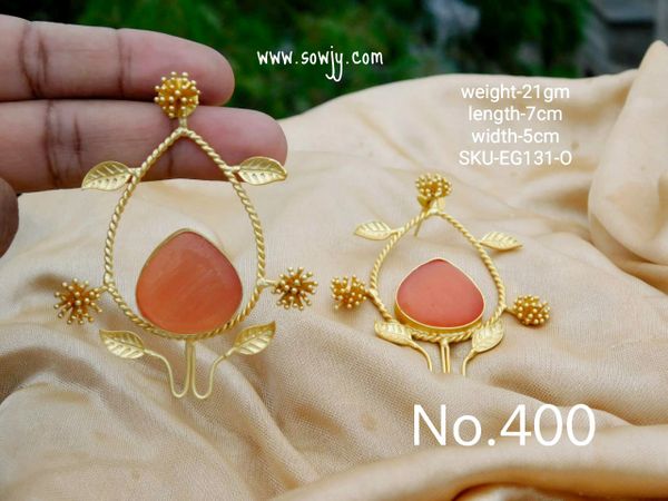 Trendy and Very Light Weighted Western Wear Leaf DEsigner Earrings with Big Monalisa Stone- Orange!!!