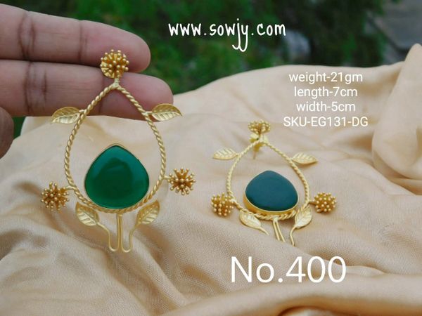 Trendy and Very Light Weighted Western Wear Leaf DEsigner Earrings with Big Monalisa Stone- Dark Green!!!