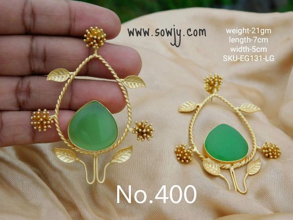 Trendy and Very Light Weighted Western Wear Leaf DEsigner Earrings with Big Monalisa Stone- Light Green!!!