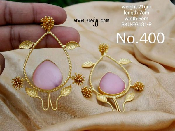 Trendy and Very Light Weighted Western Wear Leaf DEsigner Earrings with Big Monalisa Stone- Pastel Pink!!!