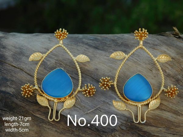 Trendy and Very Light Weighted Western Wear Leaf DEsigner Earrings with Big Monalisa Stone- Light Blue !!!