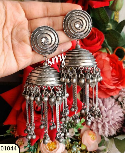Gorgeous Super Light Weighted Silver LookAlike Swirl XL Size Long Jhumkas with Ghungroos and Designs Hanging!!!