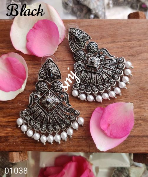 Beautiful Temple Range Oxidised Silver Tone Chaandbalis with Pearls and Enamel Stones- Black!!!