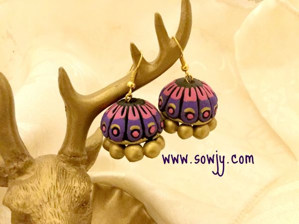 Medium Sized terracotta Jhumkas in Shades of Pink and Purple