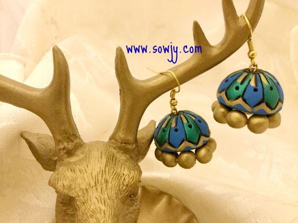 Medium Sized terracotta Jhumkas in Shades of Blue and Green!!!!